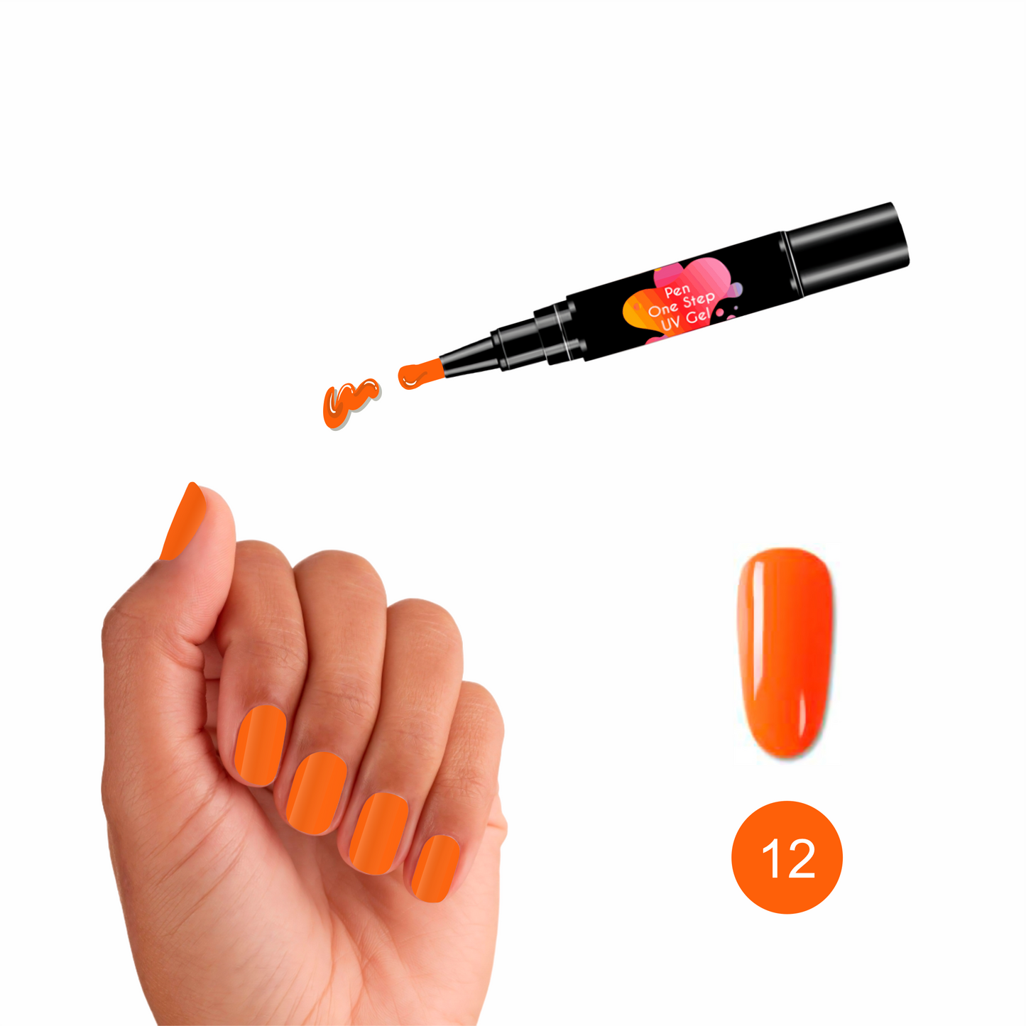 Caneta de Verniz Gel 3 em 1 na cor laranja, como a fruta, com base, cor e top coat integrados, ideal para manicures práticas e precisas. Necessita de Máquina UV para catalisar e secar o verniz gel.