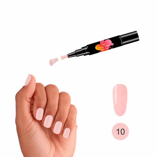 Caneta de Verniz Gel 3 em 1 na cor rosa clarinho, semelhante à flor hibisco, com base, cor e top coat num único produto, ideal para manicures práticas e precisas. Necessita de Máquina UV para catalisar e secar o verniz gel.