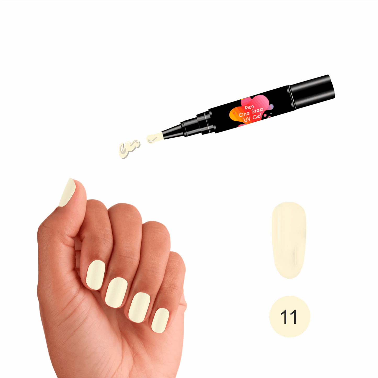 Caneta de Verniz Gel 3 em 1 na cor cetim clarinho, semelhante ao tecido de cetim clarinho, uma cor elegante, com base, cor e top coat num único produto, ideal para manicures práticas e precisas. Necessita de Máquina UV para catalisar e secar o verniz gel.