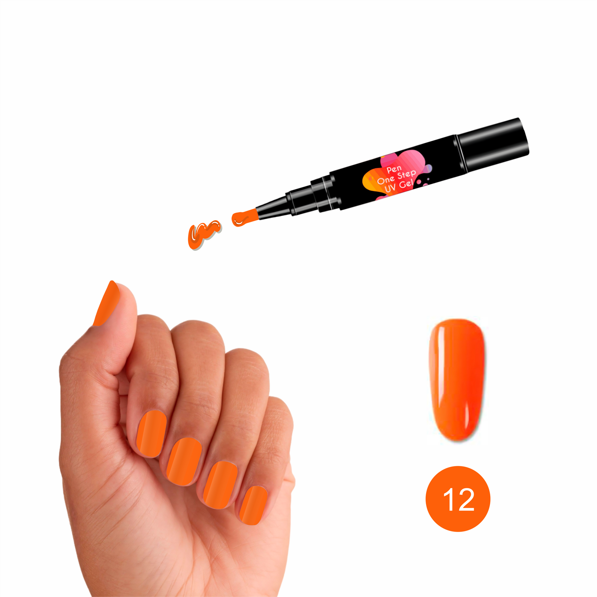 Caneta de Verniz Gel 3 em 1 na cor laranja, como a fruta, com base, cor e top coat integrados, ideal para manicures práticas e precisas. Necessita de Máquina UV para catalisar e secar o verniz gel.