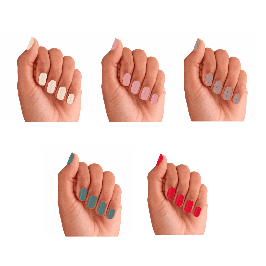 Imagem de um kit com 5 canetas de verniz gel 3 em 1, incluindo as cores Hibisco, Blush (rosa pastel), Castanho Nude, Azul Velho (azul clássico) e uma oferta especial da caneta de verniz gel na cor Vermelha (intenso e vibrante). Todas as canetas combinam base, cor e top coat num único produto, perfeitas para unhas práticas e impecáveis. Necessita de uma máquina UV para catalisar e garantir um acabamento duradouro e brilhante.