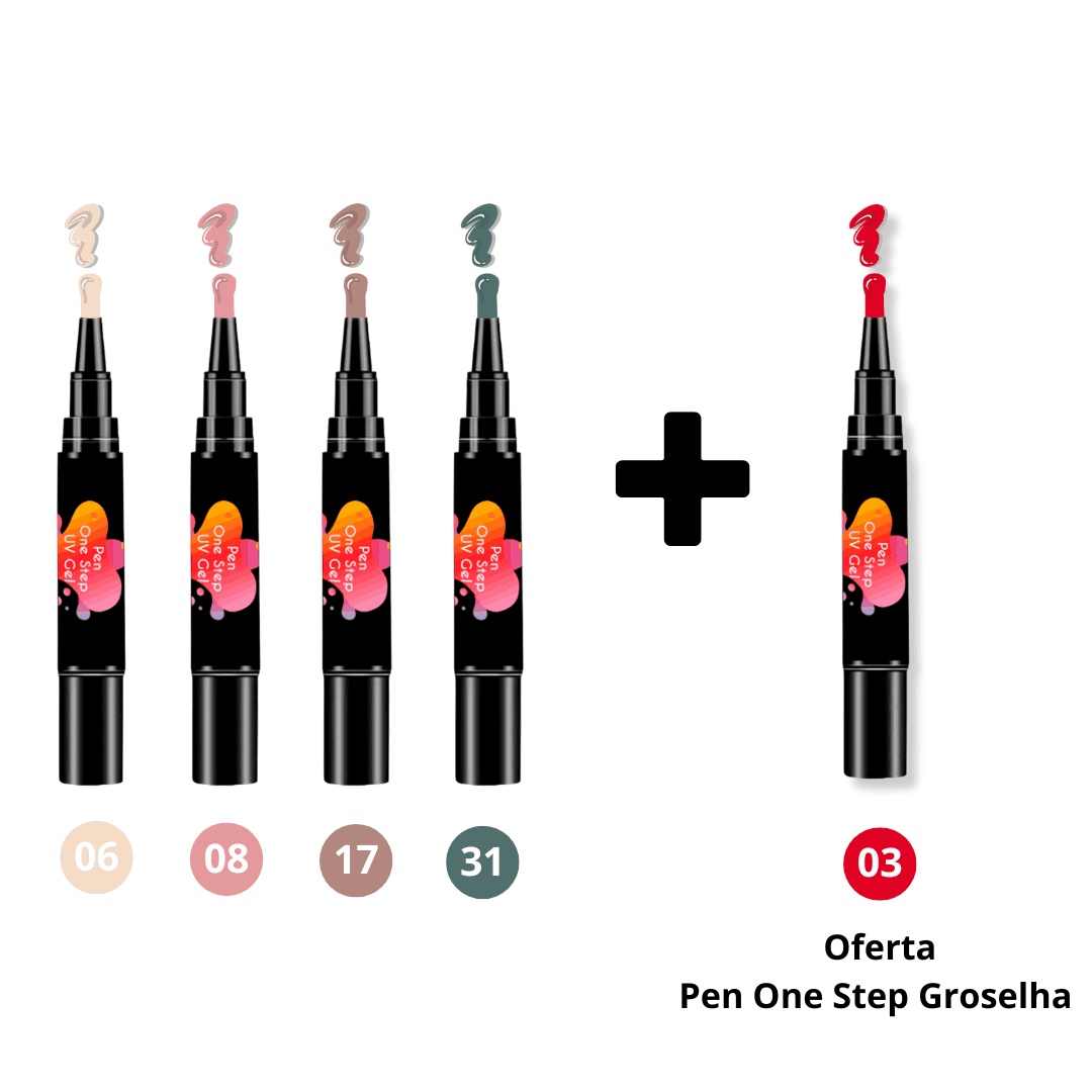 Imagem de um kit com 5 canetas de verniz gel 3 em 1, incluindo as cores Hibisco, Blush (rosa pastel), Castanho Nude, Azul Velho (azul clássico) e uma oferta especial da caneta de verniz gel na cor Vermelha (intenso e vibrante). Todas as canetas combinam base, cor e top coat num único produto, perfeitas para unhas práticas e impecáveis. Necessita de uma máquina UV para catalisar e garantir um acabamento duradouro e brilhante.