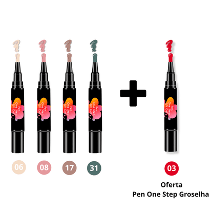 Imagem de um kit com 5 canetas de verniz gel 3 em 1, incluindo as cores Hibisco, Blush (rosa pastel), Castanho Nude, Azul Velho (azul clássico) e uma oferta especial da caneta de verniz gel na cor Vermelha (intenso e vibrante). Todas as canetas combinam base, cor e top coat num único produto, perfeitas para unhas práticas e impecáveis. Necessita de uma máquina UV para catalisar e garantir um acabamento duradouro e brilhante.