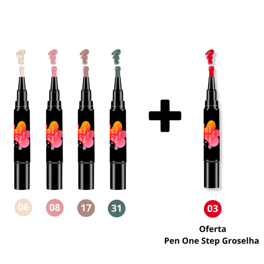 Imagem de um kit com 5 canetas de verniz gel 3 em 1, incluindo as cores Hibisco, Blush (rosa pastel), Castanho Nude, Azul Velho (azul clássico) e uma oferta especial da caneta de verniz gel na cor Vermelha (intenso e vibrante). Todas as canetas combinam base, cor e top coat num único produto, perfeitas para unhas práticas e impecáveis. Necessita de uma máquina UV para catalisar e garantir um acabamento duradouro e brilhante.