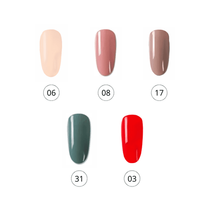 Imagem de um kit com 5 canetas de verniz gel 3 em 1, incluindo as cores Hibisco, Blush (rosa pastel), Castanho Nude, Azul Velho (azul clássico) e uma oferta especial da caneta de verniz gel na cor Vermelha (intenso e vibrante). Todas as canetas combinam base, cor e top coat num único produto, perfeitas para unhas práticas e impecáveis. Necessita de uma máquina UV para catalisar e garantir um acabamento duradouro e brilhante.