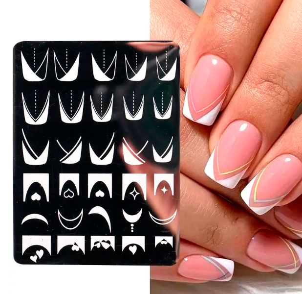 Placa de stamping de Nail Art com coleção de designs de manicure francesa para criar looks clássicos e sofisticados em casa.