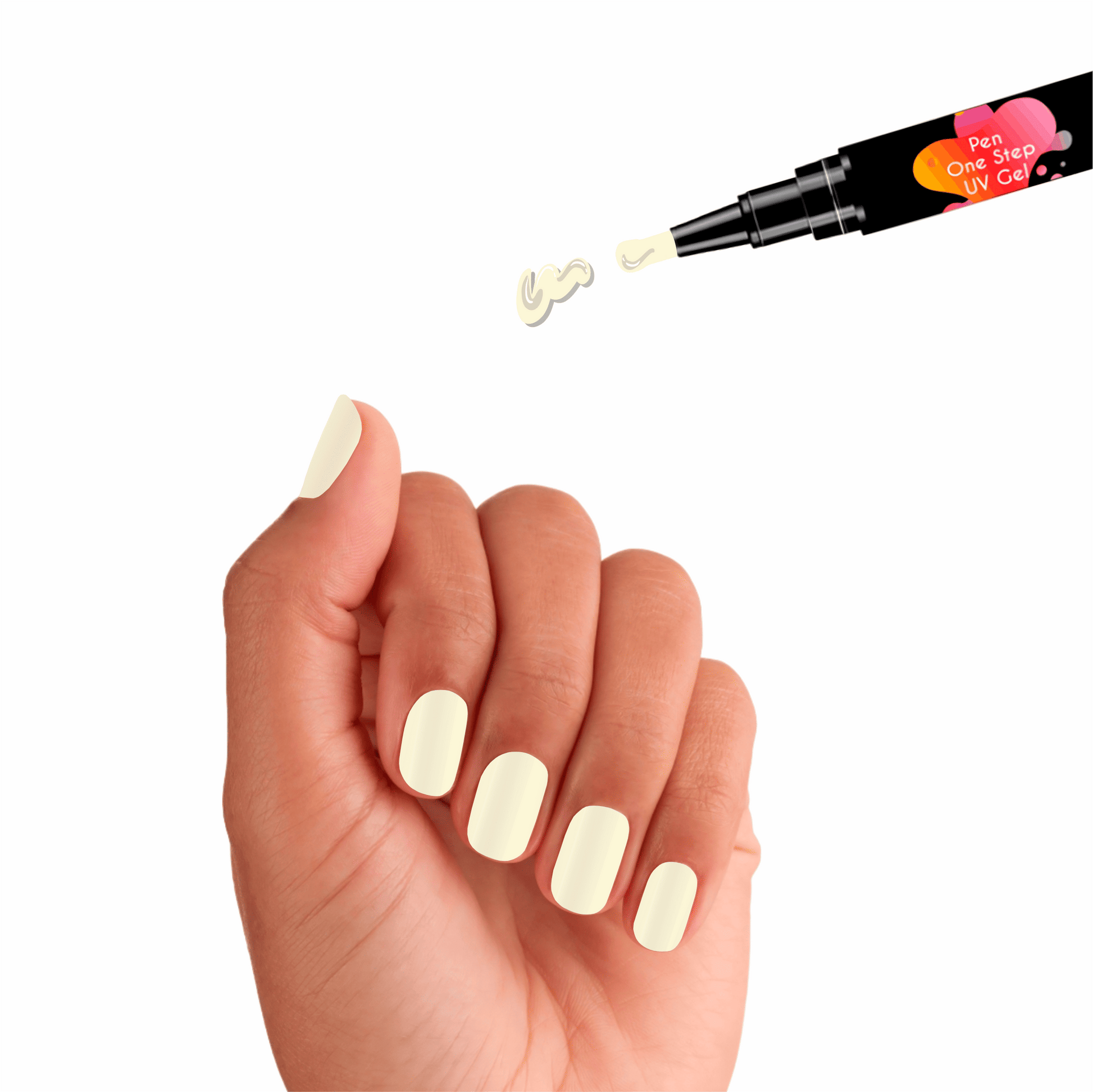 Caneta de Verniz Gel 3 em 1 na cor cetim clarinho, semelhante ao tecido de cetim clarinho, uma cor elegante, com base, cor e top coat num único produto, ideal para manicures práticas e precisas. Necessita de Máquina UV para catalisar e secar o verniz gel.