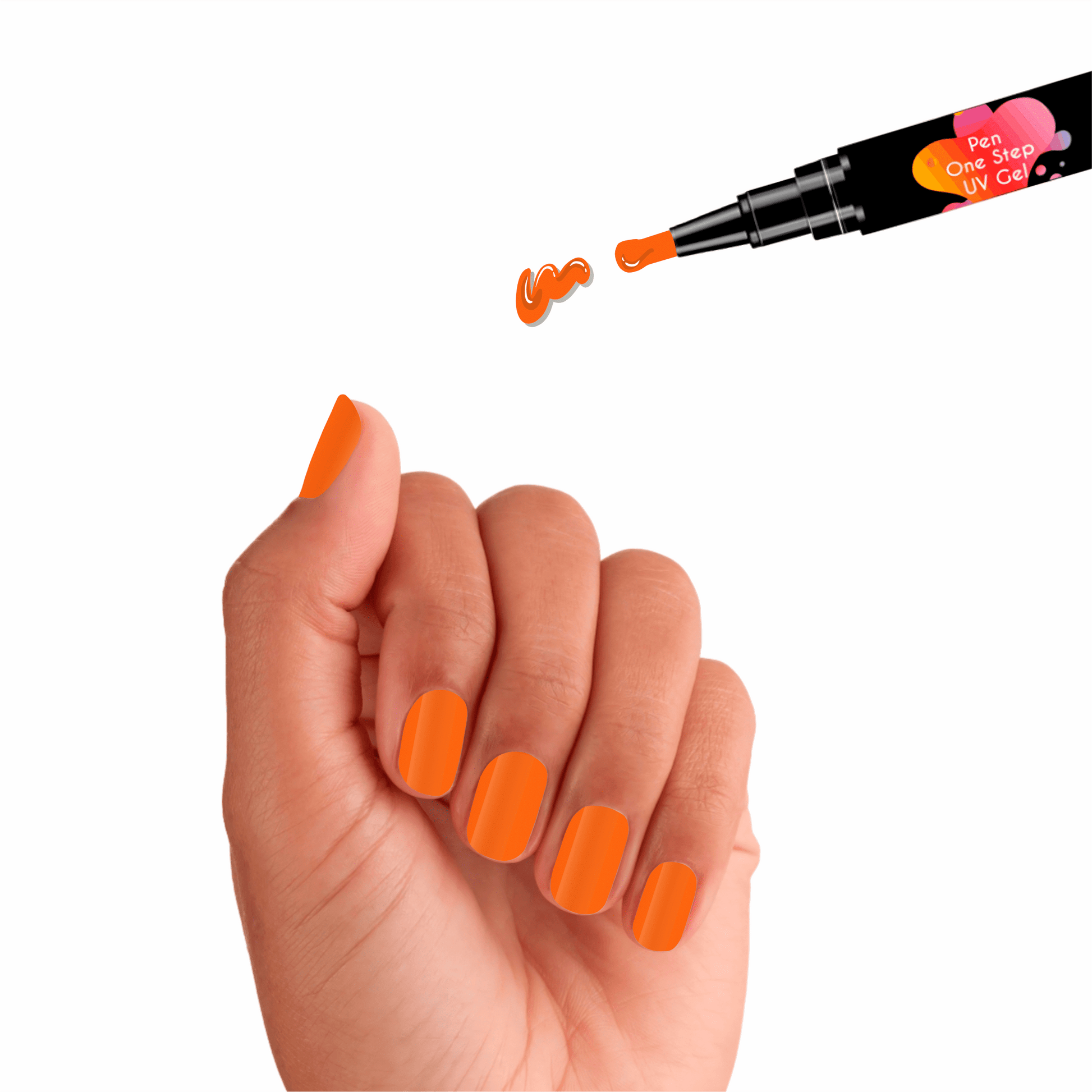 Caneta de Verniz Gel 3 em 1 na cor laranja, como a fruta, com base, cor e top coat integrados, ideal para manicures práticas e precisas. Necessita de Máquina UV para catalisar e secar o verniz gel.