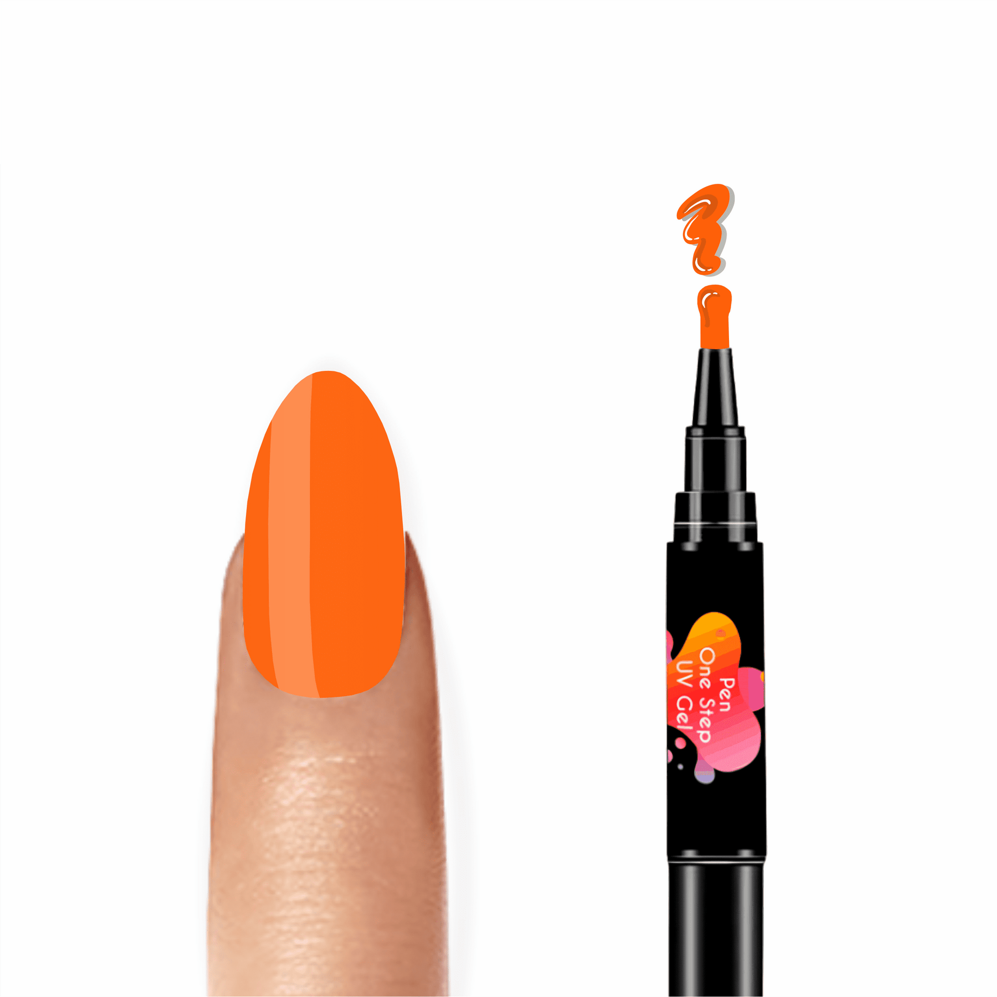 Caneta de Verniz Gel 3 em 1 na cor laranja, como a fruta, com base, cor e top coat integrados, ideal para manicures práticas e precisas. Necessita de Máquina UV para catalisar e secar o verniz gel.