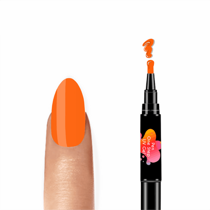 Caneta de Verniz Gel 3 em 1 na cor laranja, como a fruta, com base, cor e top coat integrados, ideal para manicures práticas e precisas. Necessita de Máquina UV para catalisar e secar o verniz gel.